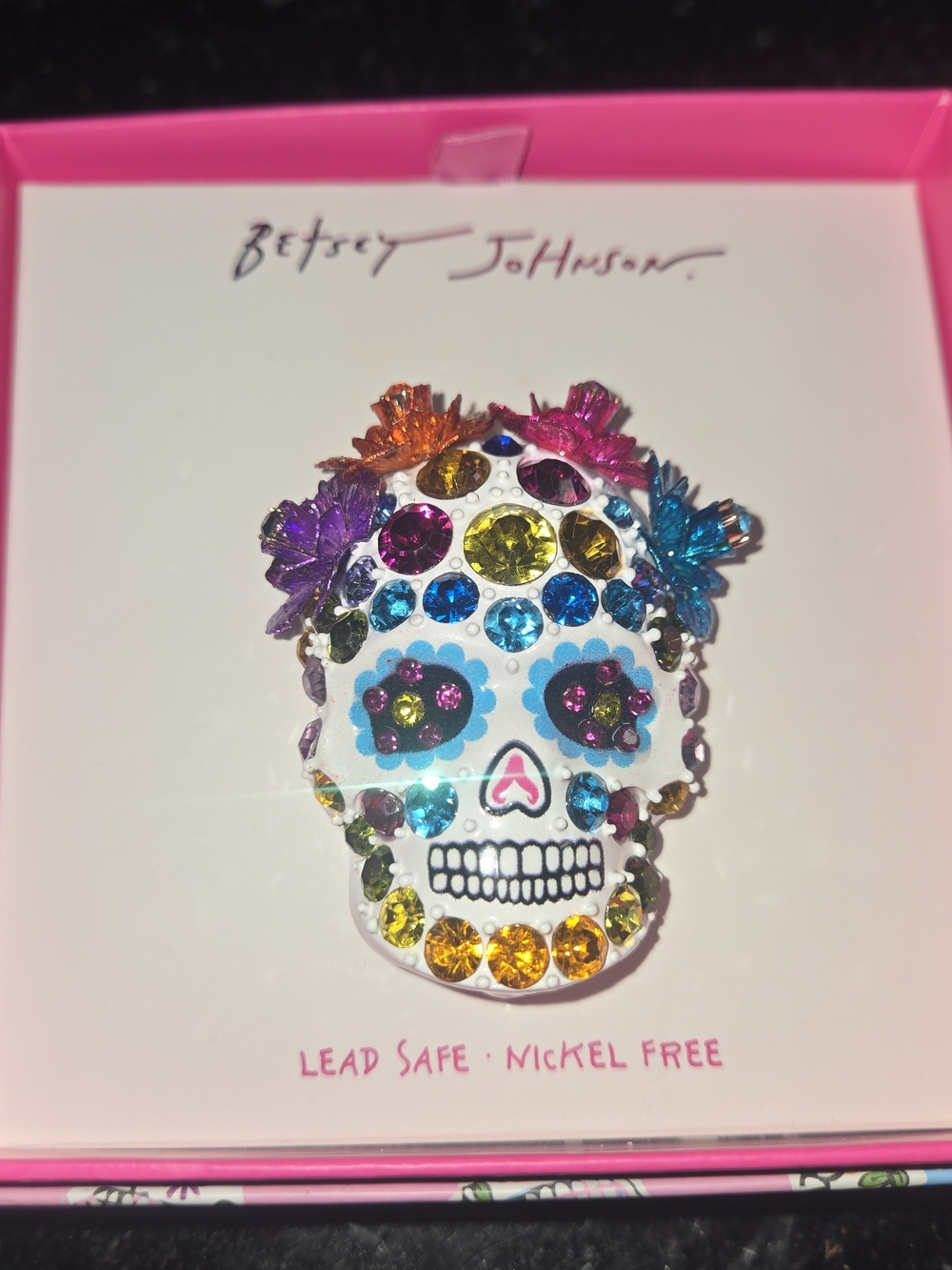 Betsey Johnson White Multicolor Crystal Sugar Skull Brooch